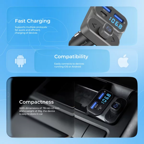 Car Charger Proove FM Launcher Luxor SE 36W (PD+QC3.0) Type-C+USB - Foto 7