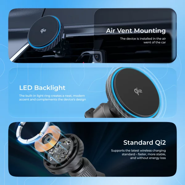 Autohalterung mit kabellosem Ladegerät Proove Graphite Circle Qi2 15W - Foto 6