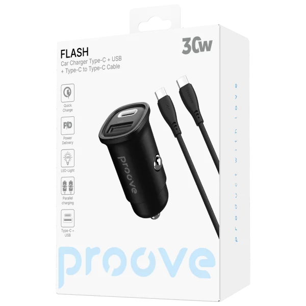 Car Charger Proove Flash 30W (Type-C + USB) + Cable Type-C to Type-C - Foto 2