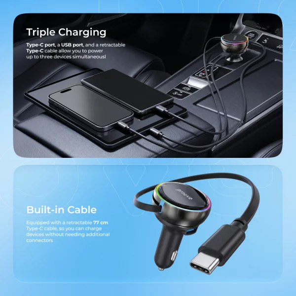 Car Charger Proove Hammer (Type-C + USB) + Retractable Type-C Cable - foto 5