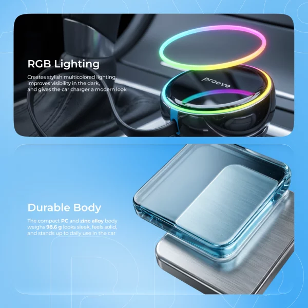 Car Charger Proove Hammer (Type-C + USB) + Retractable Type-C Cable - foto 6