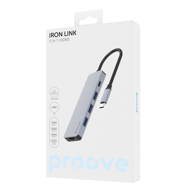 Type-C-HUB Proove Iron Link 5 in 1 (3*USB3.0 + Tyce C + HDMI)
