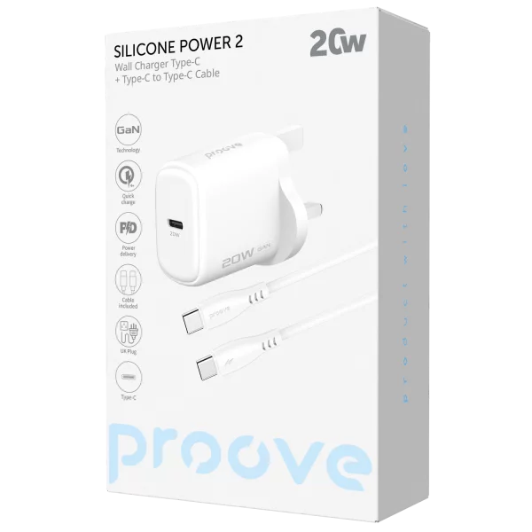 Wall Charger Proove Silicone Power 2 20W (Type-C) + Cable Type-C to Type-C 60W (1m) UK - Photo 1