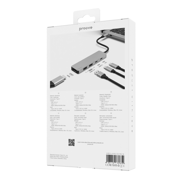 Type-C-HUB Proove Iron Link Type C to 2*USB3.0+HDMI+Type-C+PD (5 in 1) - Photo 1