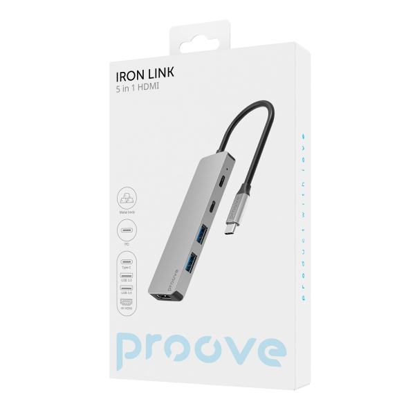 Type-C-HUB Proove Iron Link Type C to 2*USB3.0+HDMI+Type-C+PD (5 in 1)
