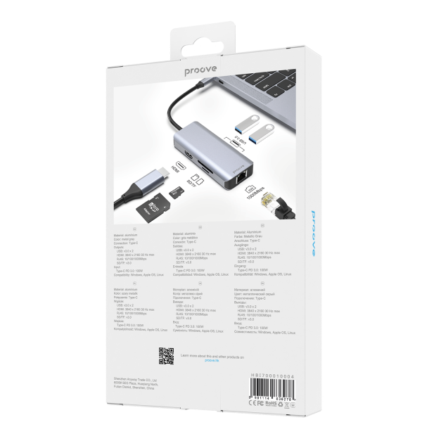 Type-C-HUB Proove Iron Link 6 in 1 (2*USB3.0 + SD/TF + RJ45 + HDMI) - Photo 1