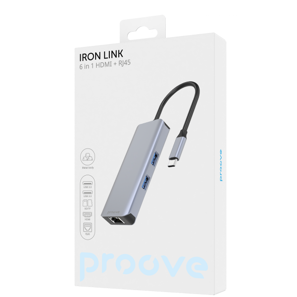 Type-C-HUB Proove Iron Link 6 in 1 (2*USB3.0 + SD/TF + RJ45 + HDMI)