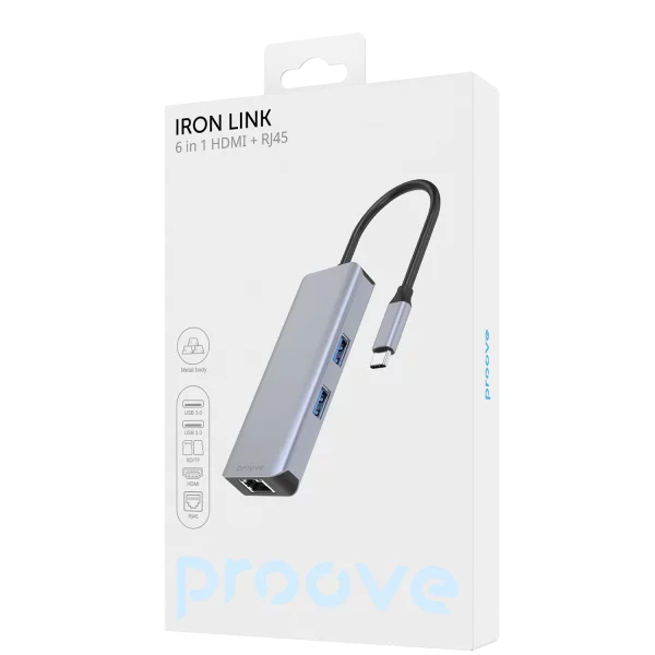 Type-C-HUB Proove Iron Link 6 in 1 (2*USB3.0 + SD/TF + RJ45 + HDMI) - Photo 2