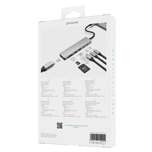 Type-C-HUB Proove Iron Link Type-C to 2*USB3.0 + USBC +HDMI + PD +SD/TF (7 in 1) - Photo 1