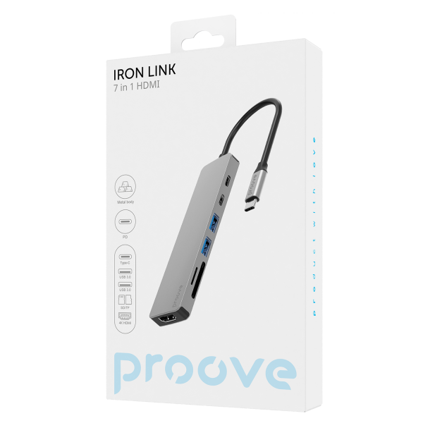 Type-C-HUB Proove Iron Link Type-C to 2*USB3.0 + USBC +HDMI + PD +SD/TF (7 in 1)