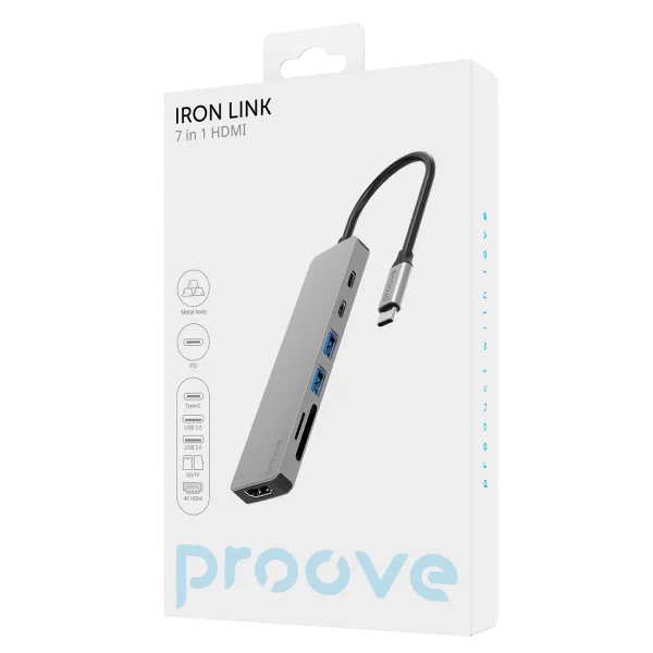 Type-C-HUB Proove Iron Link Type-C to 2*USB3.0 + USBC +HDMI + PD +SD/TF (7 in 1) - Photo 2