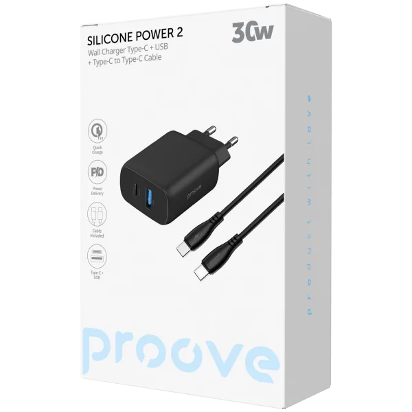 Wall Charger Proove Silicone Power 2 30W (Type-C + USB) + Cable Type-C to Type-C 60W (1m) - 照片 4