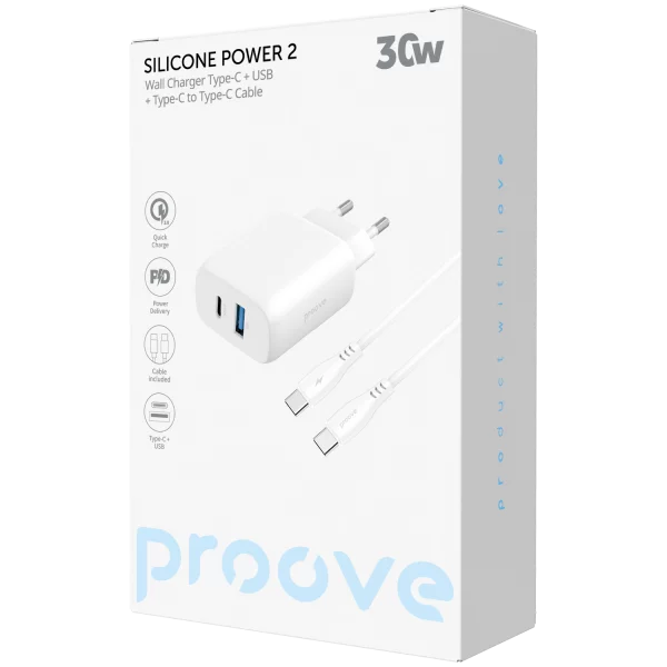 Wall Charger Proove Silicone Power 2 30W (Type-C + USB) + Cable Type-C to Type-C 60W (1m) - Photo 4