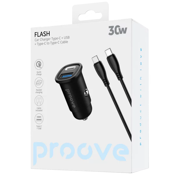 Car Charger Proove Flash 30W (Type-C + USB) + Cable  Type-C to Type-C - Photo 2