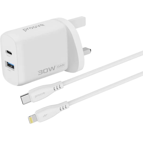 Wall Charger Proove Silicone Power 2 30W (Type-C + USB) + Cable Type-C to Lightning 27W (1m) UK