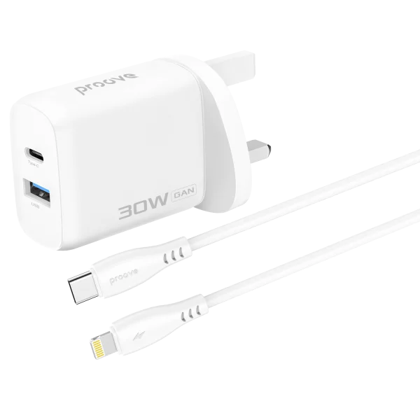 Wall Charger Proove Silicone Power 2 30W (Type-C + USB) + Cable Type-C to Lightning 27W (1m) UK