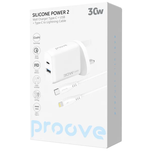 Wall Charger Proove Silicone Power 2 30W (Type-C + USB) + Cable Type-C to Lightning 27W (1m) UK - Photo 2
