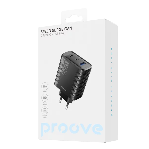 Wall Charger Proove Speed Surge Gan 65W (USB + 2 Type-C) - Photo 1