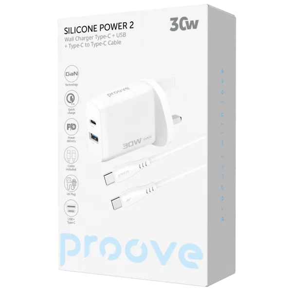 Wall Charger Proove Silicone Power 2 30W (Type-C + USB) + Cable Type-C to Type-C 60W (1m) UK - Photo 1