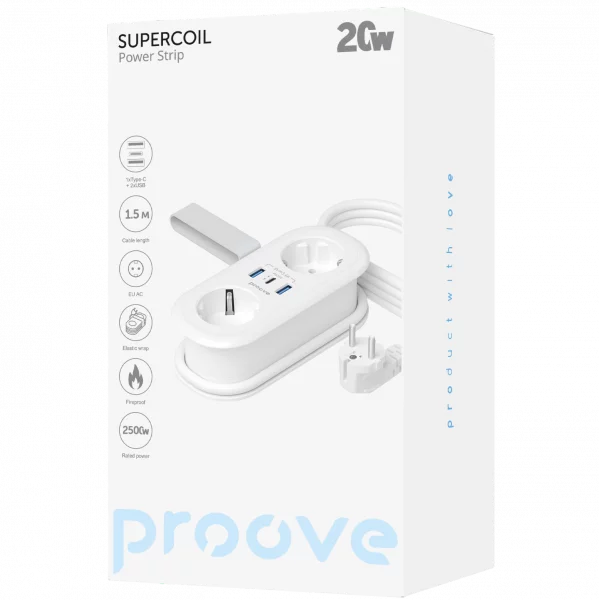 Power Strip Proove Supercoil 20W (2AC + 1 Type-C + 2 USB) 1.5m - Photo 2