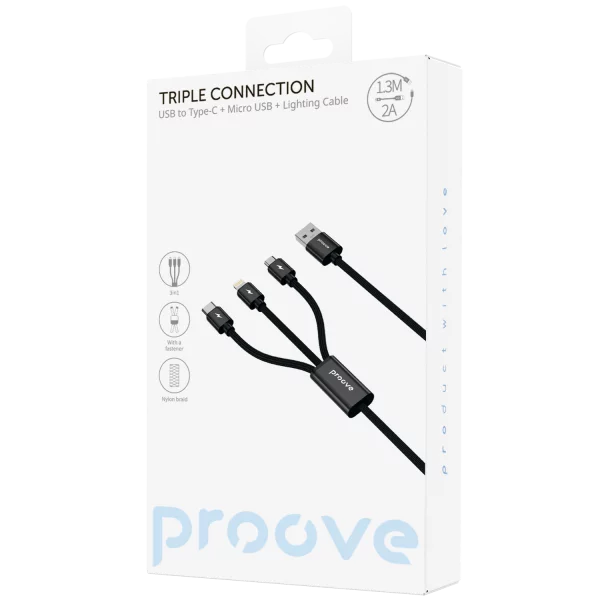 Cable Proove Triple Connection 3 in 1 Type-C + Micro USB + Lightning (1.3m) - photo 1