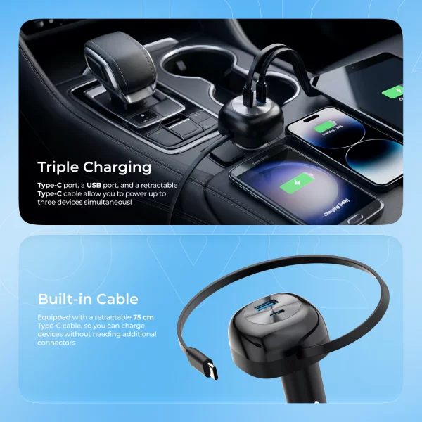 Car Charger Proove Pulsar (Type-C + USB) + Retractable Type-C Cable - Photo 5