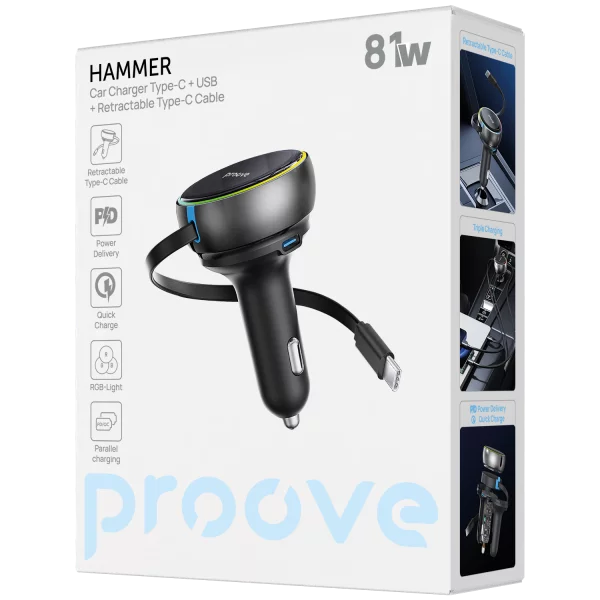Car Charger Proove Hammer (Type-C + USB) + Retractable Type-C Cable - photo 3