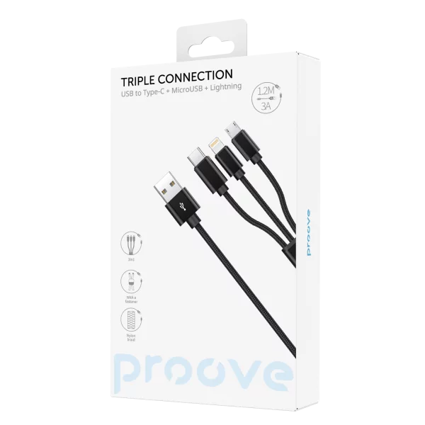 Cable Proove Triple Connection 3 in 1 Type-C + Micro USB + Lightning (1,2m) - Photo 1